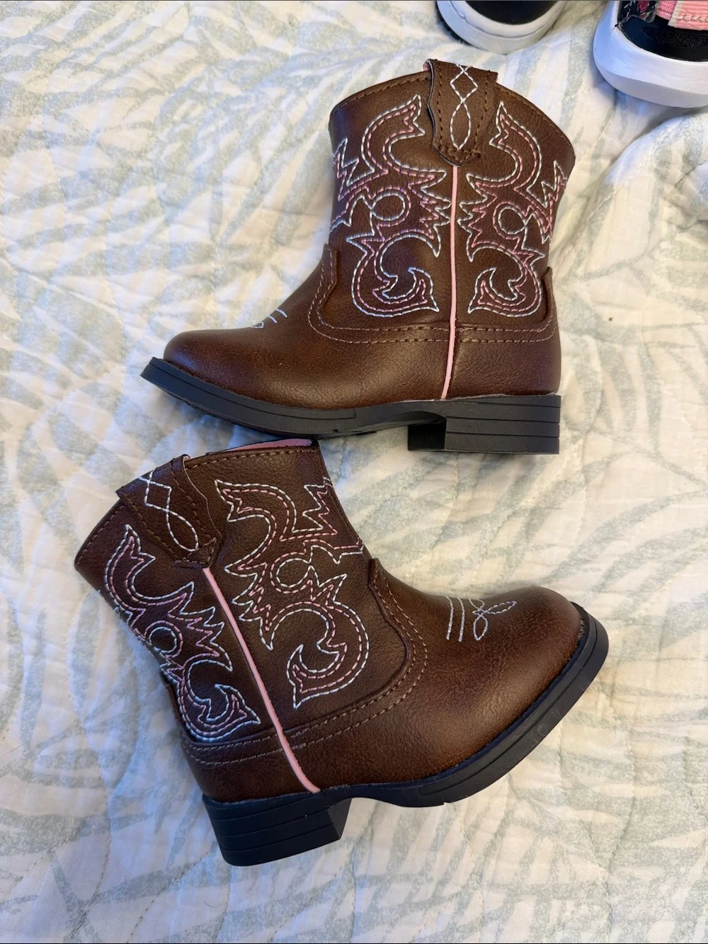 Brown Toddler Cowboy Boots with Pink Stitching